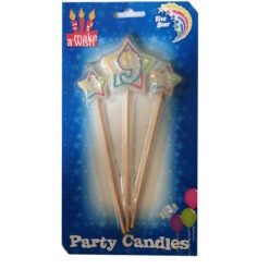 Five star-shaped birthday candles on wooden sticks in a blue packaging labeled 'Party Candles', with a 'Make a Wish' logo on the top left.