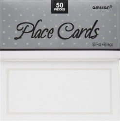 Pack of 50 place cards in a gray dotted design; packaging shows 'Place Cards' and the brand amscan.