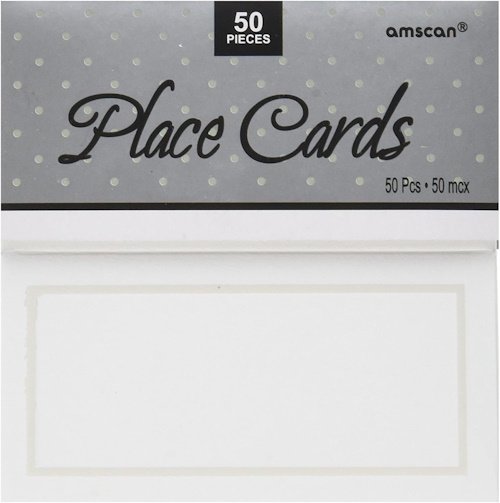 Pack of 50 place cards in a gray dotted design; packaging shows 'Place Cards' and the brand amscan.