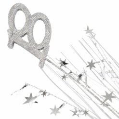 Silver glitter number 29 with star-shaped confetti and streamers, conveying a festive celebration.