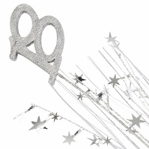 Silver glitter number 29 with star-shaped confetti and streamers, conveying a festive celebration.