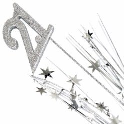 Glittery silver wand with a curved handle and star-shaped decorations on tinsel against a white background.