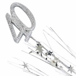 Silver glitter party wand with an oval loop and dangling star-shaped tinsel strands.