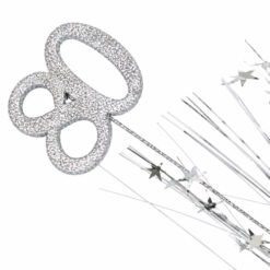 Glittery silver decorative scissors with a large looped handle, paired with star-shaped wand decorations for crafts or celebrations.
