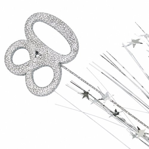 Glittery silver decorative scissors with a large looped handle, paired with star-shaped wand decorations for crafts or celebrations.