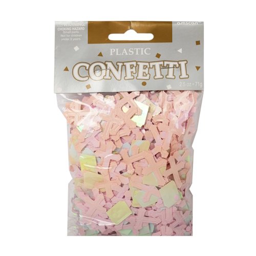 Bag of pastel plastic confetti in pink, yellow, and mint colors with a label reading 'Plastic Confetti' at the top.
