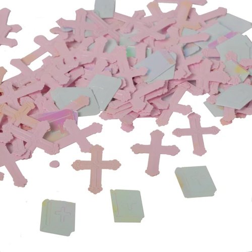 Pastel pink cross-shaped confetti scattered on a white background.