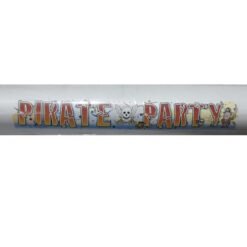 Banner on a white tube that reads PIRATE PARTY with a skull-and-crossbones motif and cartoon pirates in festive colors.