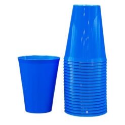 Blue disposable plastic cups, with a stack of cups on the right and a single cup on the left.