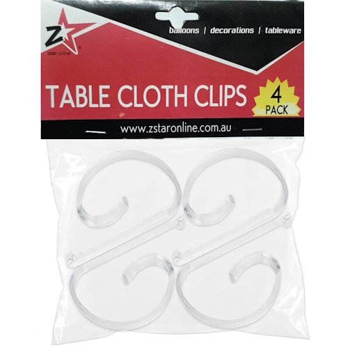 Four clear S-shaped table cloth clips in plastic packaging, used to hold tablecloths in place.