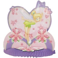 Decorative Tinker Bell fairy centerpiece on a pink heart backdrop with purple base and flower accents for a party.