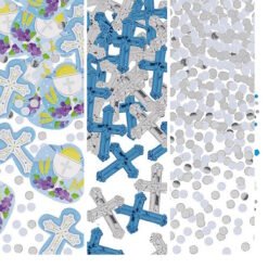 Triptych collage: left shows decorative plates with a winter motif, center features blue-gray cross-shaped structures, right shows a field of gray circles.