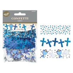 Blue and silver confetti pack with cross, goblet, and dove shapes for celebrations in blue tones.