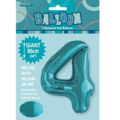 Teal Numeral 4 Foil Balloon 86cm