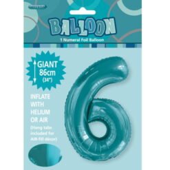 Teal Numeral 6 Foil Balloon 86cm