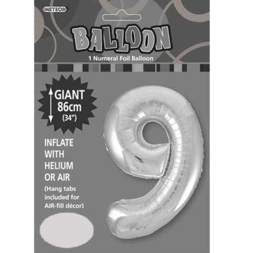 Silver Numeral 9 Foil Balloon - 86cm