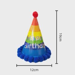 Rainbow striped birthday cone with a red pom-pom, blue fluffy base, and 'Happy Birthday' text.