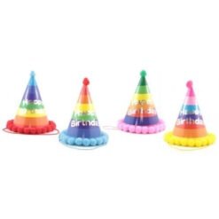 Four rainbow-striped birthday hats with pom-pom bases arranged in a row on a white background.