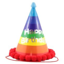 Colorful birthday party hat with rainbow stripes, blue top, and red pom-pom trim reading 'Happy Birthday'.