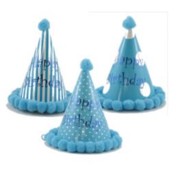 Three blue birthday party hats with fluffy pompom trim arranged together on a white surface.