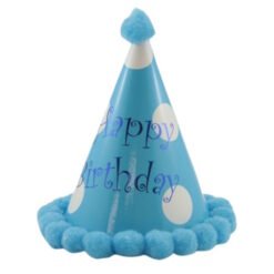 Blue birthday party hat with a blue pom-pom, white polka dots, and 'Happy Birthday' text around the cone.