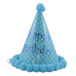 Blue cone-shaped birthday hat with white polka dots, a fluffy pom-pom edge, and 'Happy Birthday' text.