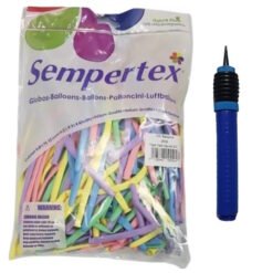 Bag labeled Sempertex containing multicolor latex balloons with a blue handheld balloon inflator beside it.