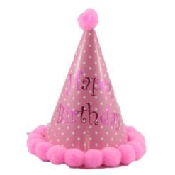 Pink polka-dotted birthday party hat with a pink pom-pom on top and fluffy pink trim at the base
