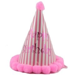 Pink striped birthday party hat with pink fluffy pom-pom trim and 'Happy Birthday' text.