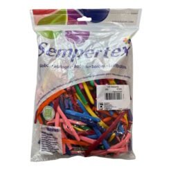 Bag of Sempertex assorted latex balloons (100 balloons) in bright colors, visible through clear packaging.