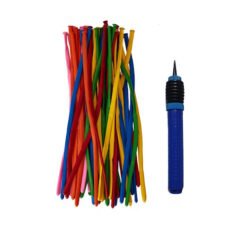 Bundle of colorful plastic twist ties beside a blue-handled precision craft tool with a pointed tip for poking or threading.
