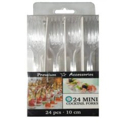 Set of 24 transparent cocktail forks in a display package, each about 10 cm long (food picks). Used for appetizers and cocktails; brand shows 'Premium Accessories' and '24 pcs · 10 cm' on the wrapper.