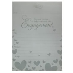 Light gray engagement invitation with decorative hearts and blank fields for Dear, Or, On, Venue, and Rsvp.