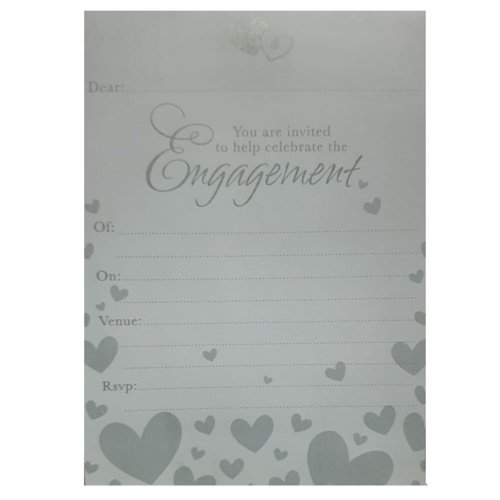 Light gray engagement invitation with decorative hearts and blank fields for Dear, Or, On, Venue, and Rsvp.