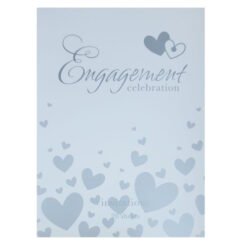 Light blue gradient invitation cover with the words 'Engagement celebration' and scattered hearts, indicating an engagement invitation.