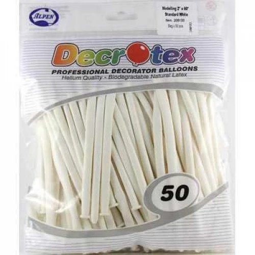 Package of 50 Decratex professional decorator balloons, white, in a clear plastic bag (Alpen brand).