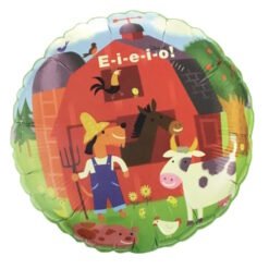 Round foil balloon with a bright farm scene: a farmer in blue overalls and a yellow hat with a pitchfork, a horse, cow, chicken, pig, barn and trees, plus the text 'E-i-e-i-o!' at the top.