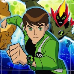 Cartoon Ben 10 in a green jacket punches forward as a fierce alien pursues him against a neon blue-green background.