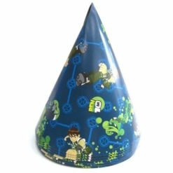 Blue cone-shaped party hat decorated with Ben 10 characters and a neon-green circular motif.