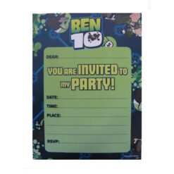 Ben 10–themed party invitation card with a green form that says 'You are invited to my party!' and lines for date, time, place, and RSVP.