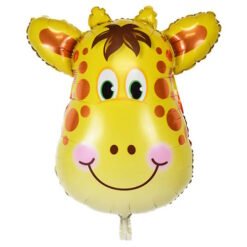Yellow giraffe-shaped foil balloon with a big smile and brown spots on its cheeks and neck.