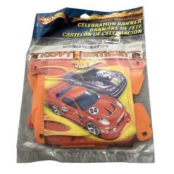 Hot Wheels birthday banner package with orange plastic supports and a red race car illustration, reading ‘Happy Birthday’