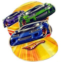 Three colorful Hot Wheels toy cars overlap on a bright orange burst background on a display card.