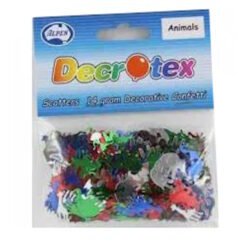 Bag of colorful animal-shaped decorative confetti (Decoratex) for crafts, shown in a blue-packaged product.