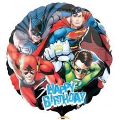 Birthday balloon with DC superheroes Batman, Superman, Flash, and Green Lantern; 'Happy Birthday' text on the balloon.