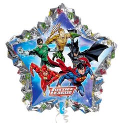 Foil party balloon featuring Justice League superheroes (Batman, Superman, Flash, Green Lantern, Aquaman) against a blue starry backdrop with the Justice League logo nearby.