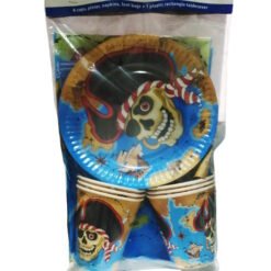 Pirate-themed party kit in a clear bag: blue skull-printed plates, matching cups, napkins, loot bags, and a table cover.