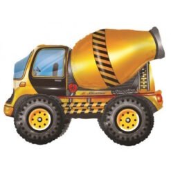 Yellow toy cement mixer truck with large black wheels and hazard stripes on the drum and body.