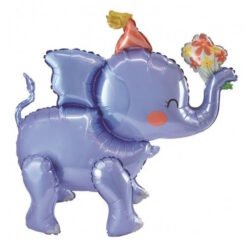 Purple inflatable elephant wearing a yellow party hat, holding a bouquet of balloons in its trunk.