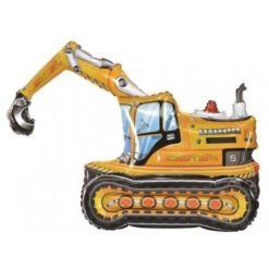 Inflatable yellow toy excavator with a swinging arm and bucket on tracked base.